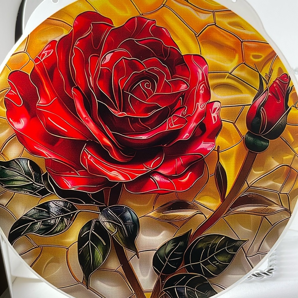 Red Rose Flower Acrylic Suncatcher Faux Stained Glass Window Home Art Decorative
